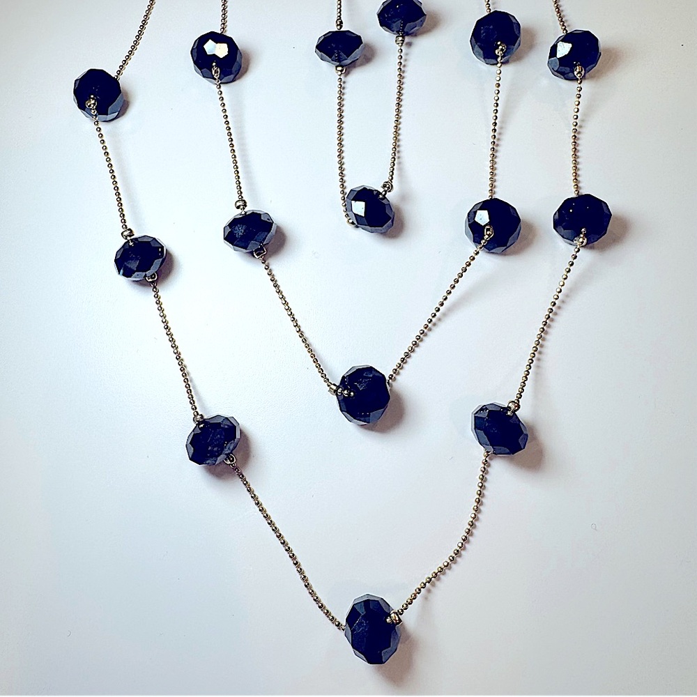 Set Of 2 New Multi Chain Necklaces; Gold W Clear Beads & Gold W Sapphire Gems - Picture 7 of 11